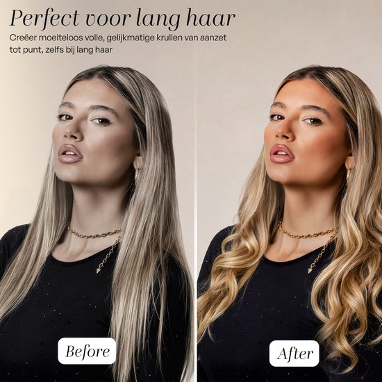 Model met lang steil blond haar 'voor', en met golven 'na'.