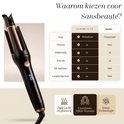 Zwarte en roségouden automatische krultang met display en tabel met productvoordelen.