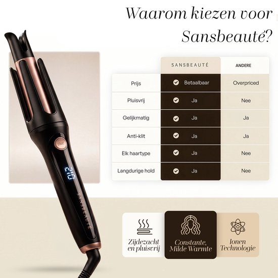 Zwarte en roségouden automatische krultang met display en tabel met productvoordelen.