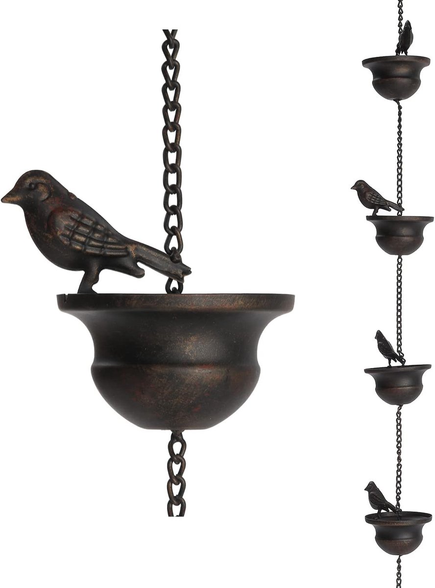 Regenketting - Vogeldecoratie - Tuin decoreren - Gemaakt van metaal - 2.7 meter - Donker brons
