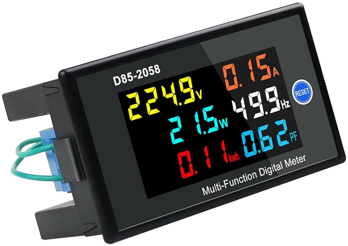 Energiemonitor LCD - Stroommeter Digitaal - Energieverbruik Meten - 6 Parameters Tegelijk - AC 200-450V - Zwart