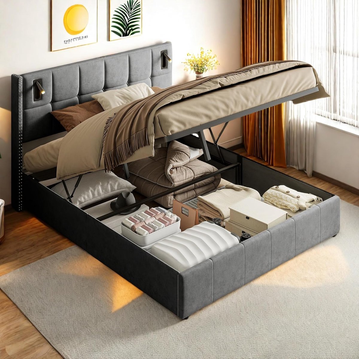 Gestoffeerd Bed - Dubbel Bed - Opbergen Slapen - Met Leeslamp - 160x200 cm - Grijs