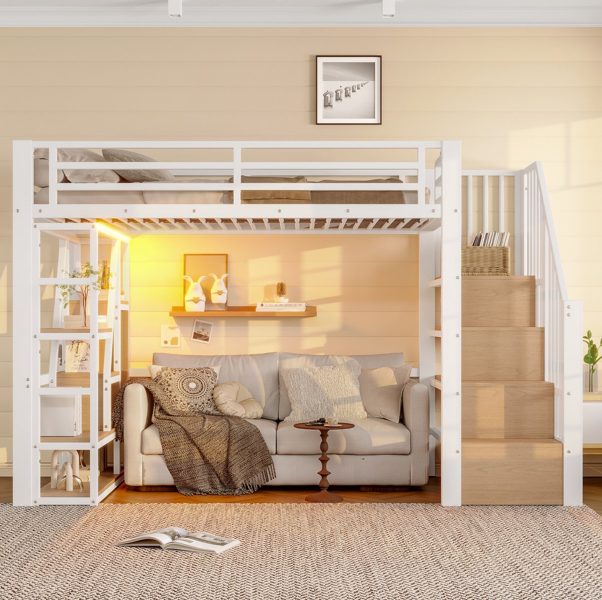 MEUNIQ hoogslaper 90x200 cm met trap, opbergvakken, uitvalbeveiliging en meerkleurige LED-verlichting, metalen frame met MDF, kinderkamer, wit White