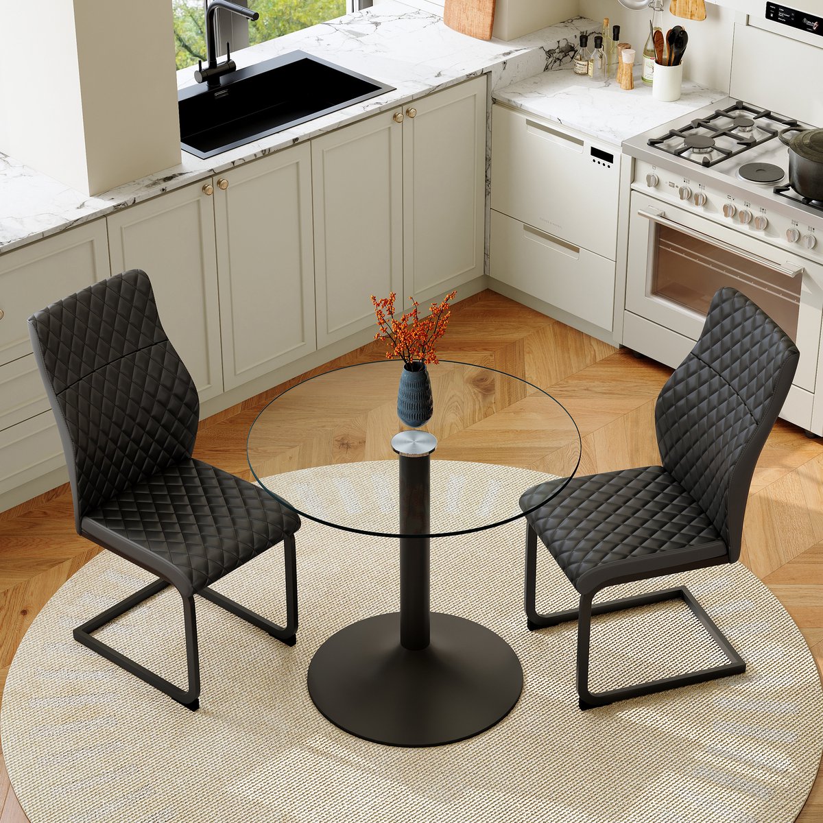 STILVORA Set Tafel En Stoelen - Ronde Glazen Tafel 85 Cm Met 2 Stoelen - Hoge Rugleuning - Industrieel Voor Eetkamer En Keuken - Glas Metaal - Zwart Transparant