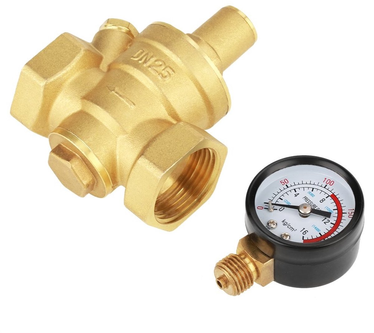 Dailygoods- Drukregelaar Verstelbaar 1.6Mpa - Messing - Waterdruk - Reducer - Drukregelknop - Compacte Afmetingen 76mm/107mm - Waterdrukregelaar