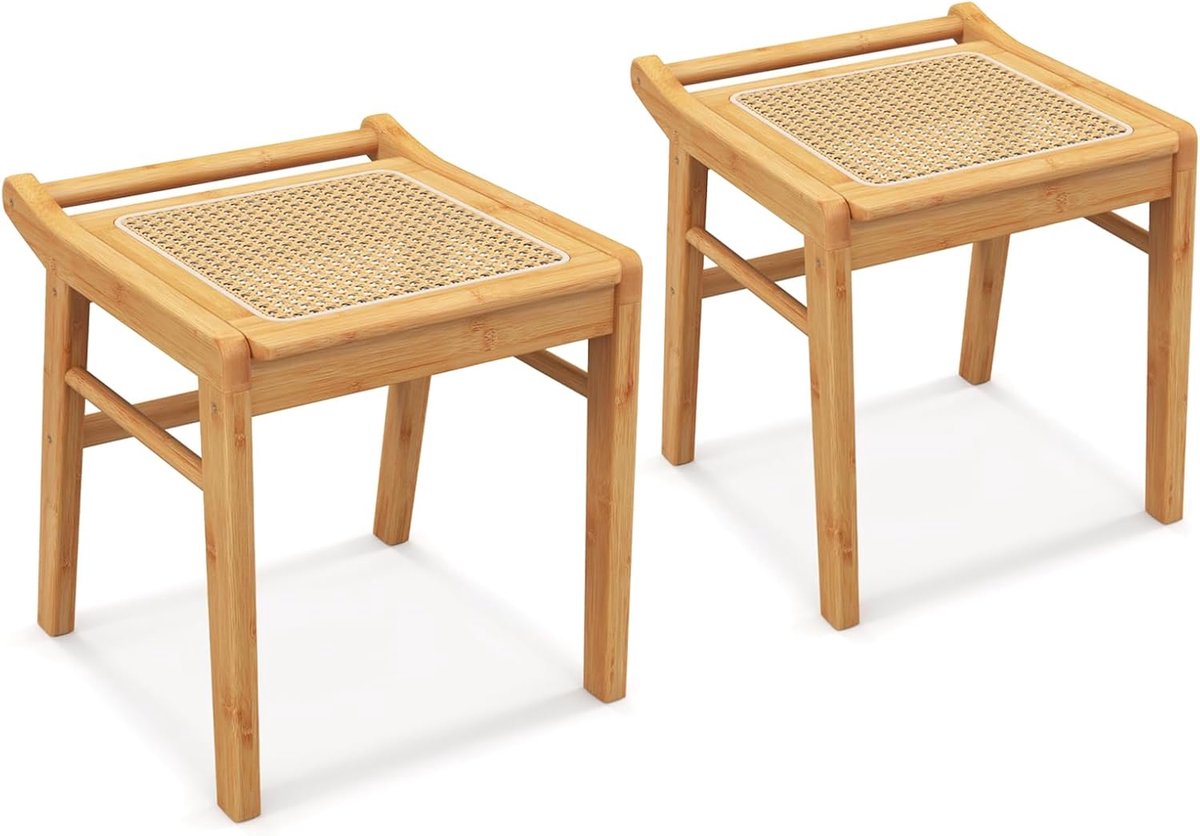 Bamboe Kruk Set - Voetenbank Rotan - Make-up Zitten - Ademende Zitting - 2 Stuks 38x40x43cm - Natuurlijk