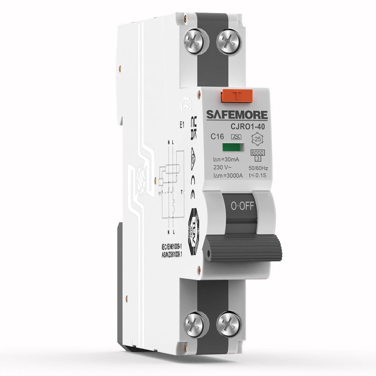 Schakelaar 1P+N 16A - Aardlekautomaat - Elektrische beveiliging - TÜV-gecertificeerd - 18 mm breed - Grijs