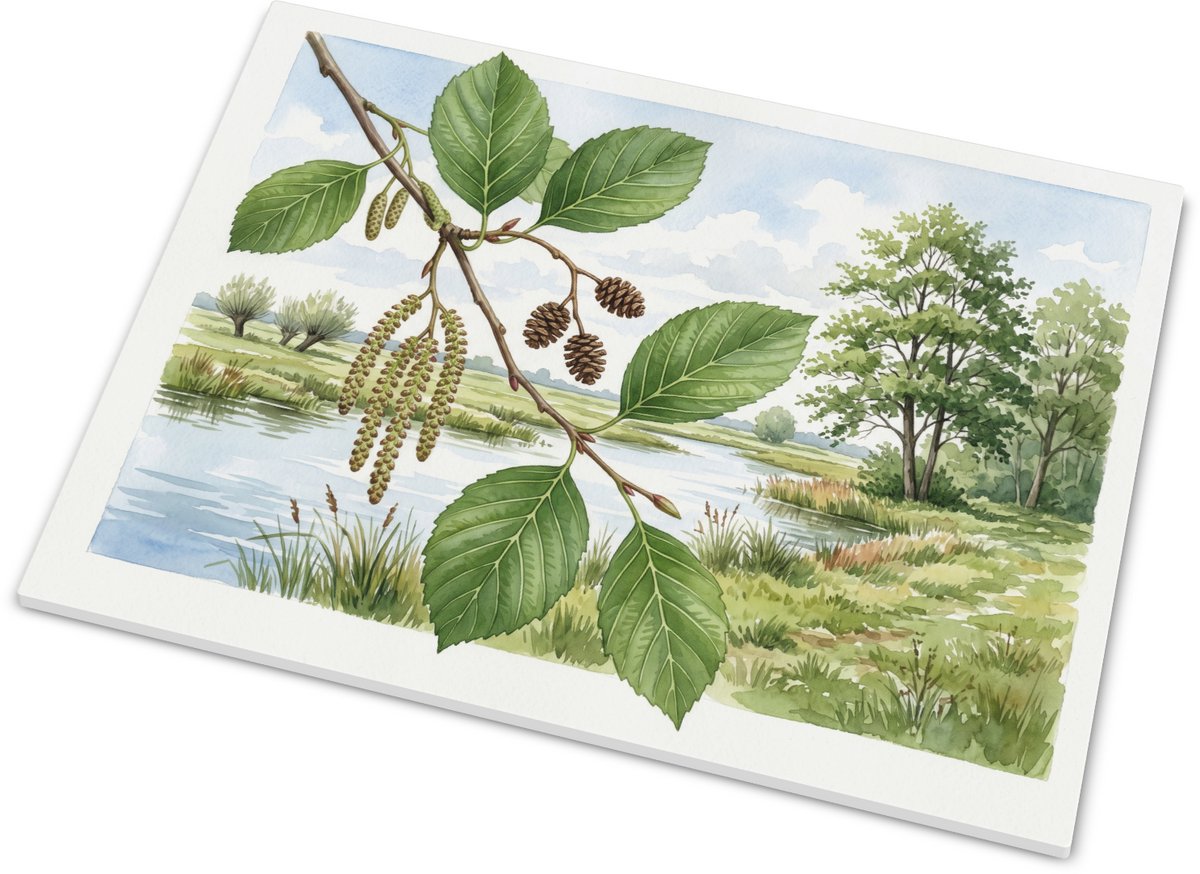 Tegeltje met Witte Els Alnus incana bij Rivier - Botanische Aquarel Kunst - Decoratief Wan