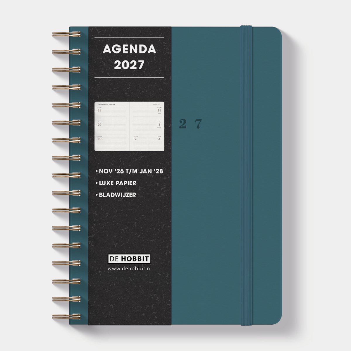 Hobbit - Luxe Agenda 2027 - A5 (14,8 x 21 cm) - 1 week op 2 pagina's - Harde Kaft - Ringband Agenda - Suèdelook Donkerblauw