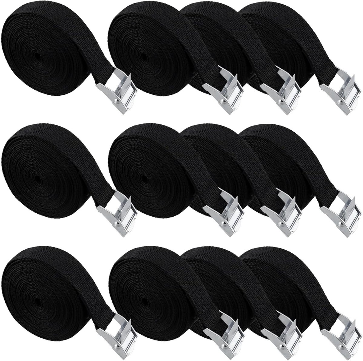 Set van 12 Lashing Straps 2.5 x 4 m, PP Materiaal, Metalen Gespen voor Vervoer en Lastenbeveiliging, Zwart