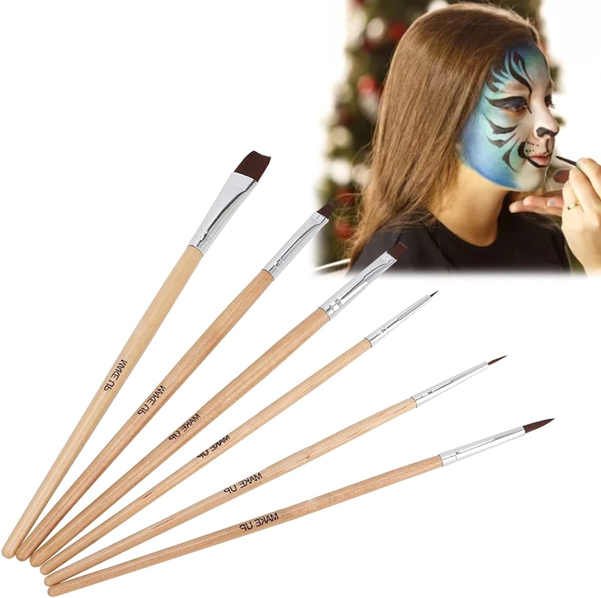 Set van 6 Kunstolieverf Penselen voor Halloween Gezichtsmakeup en Lichaamsverf, Waterverf Penselen voor Beginners en Experts