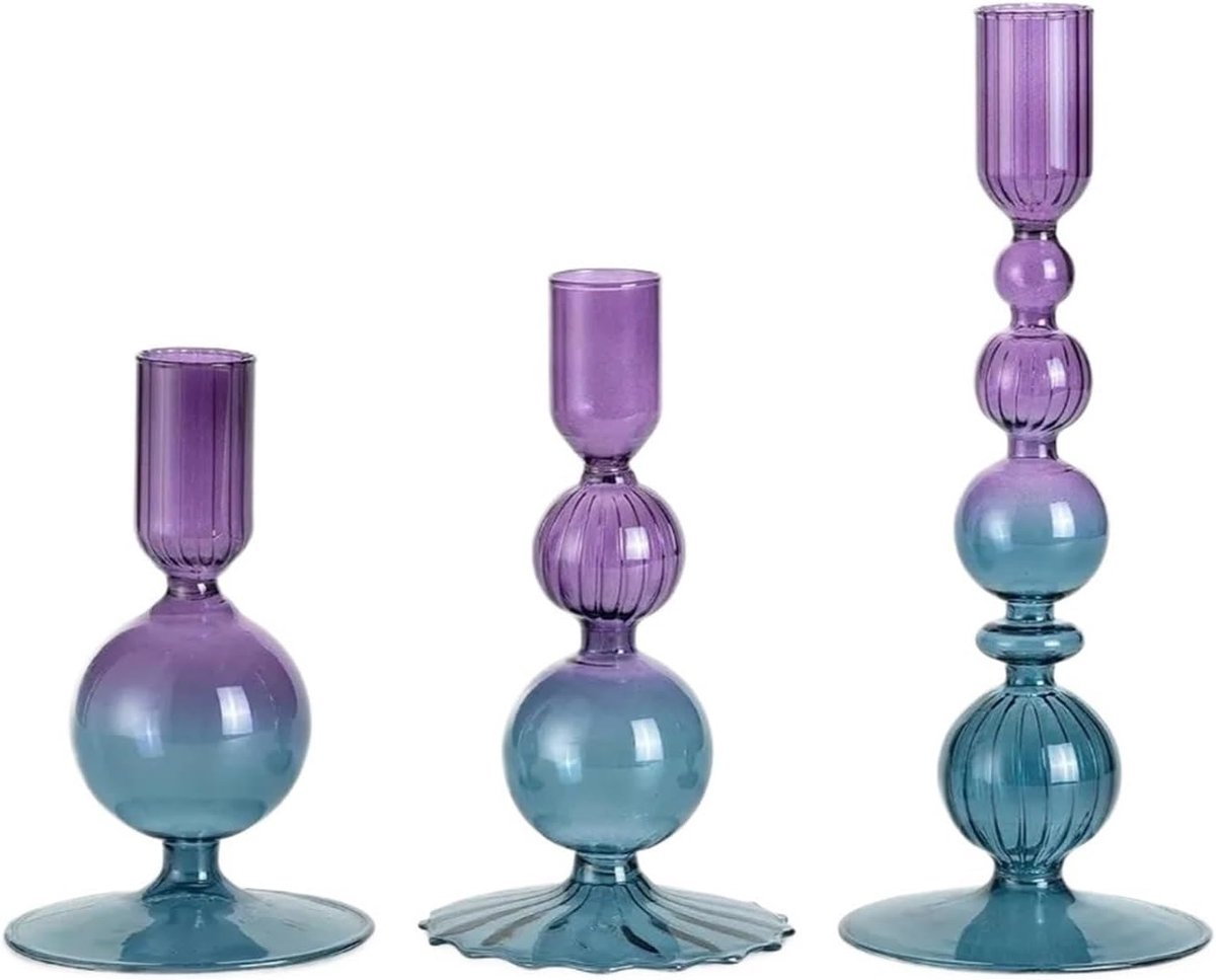 Glazen Kandelaar Set - Bloem Vaas - Tafel Decoratie - Handgemaakt Ontwerp - 10cm Hoog - Paars Blauw