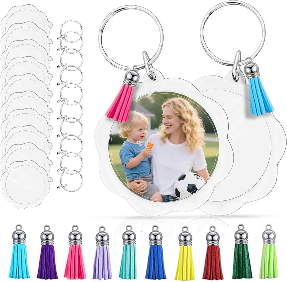 Set van 10 Lege Acryl Sleutelhangers, Dubbelzijdige Sleutelhanger met Kwasten, Gepersonaliseerd voor Cadeaus en Herinneringen