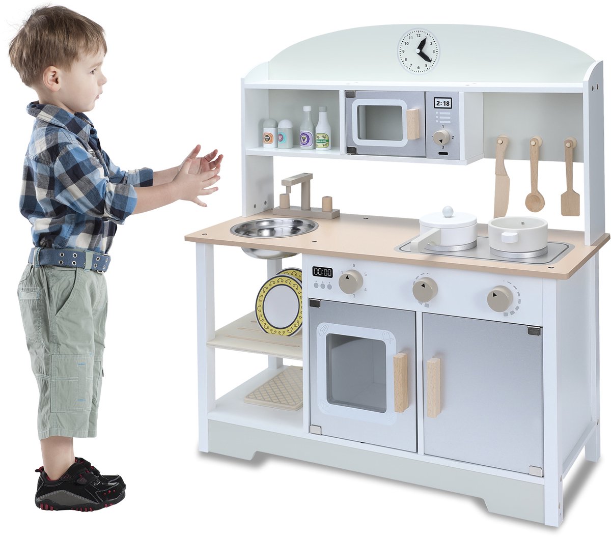 HomeMiYN Speelgoed Keuken – Kinderkeuken Hout in Japanse Stijl Grijs – Speelkeuken met Oven en Magnetron – Educatief Keukenspeelgoed voor Kinderen