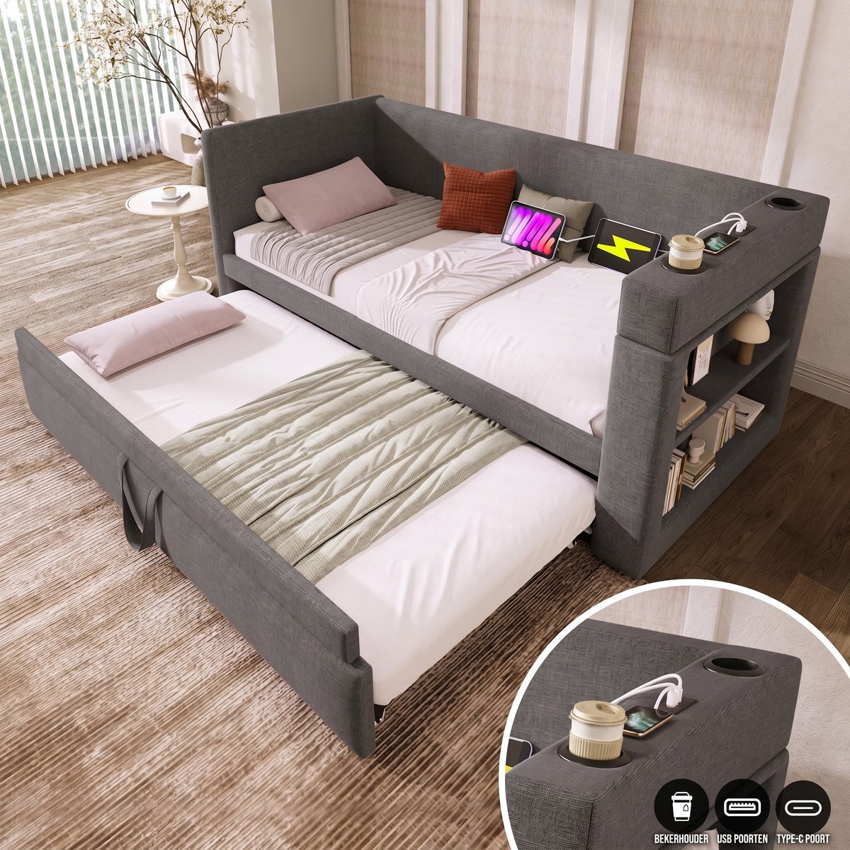 VVBV Slaapbank / Bedbank / Daybed 90x190 – met Uitschuifbed, USB, USB-C – Linnen – Grijs – Zonder Matras – Daybed en Gestoffeerd Bed van Linnen Gray
