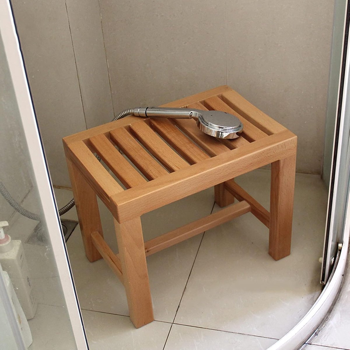 Douche Bank - Badkamer Kruk - Ontspannen Douchen - Houten Eiken Constructie - 42x28x43cm - Natuurlijk Hout