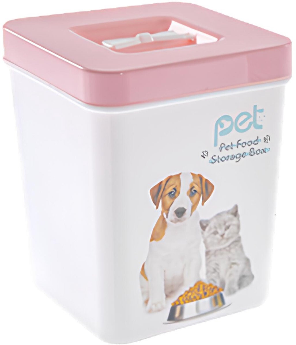 CM Huisdieren honden/katten voedsel voercontainer - voorraad box - kunststof - 3.5 liter - deksel - wit/roze