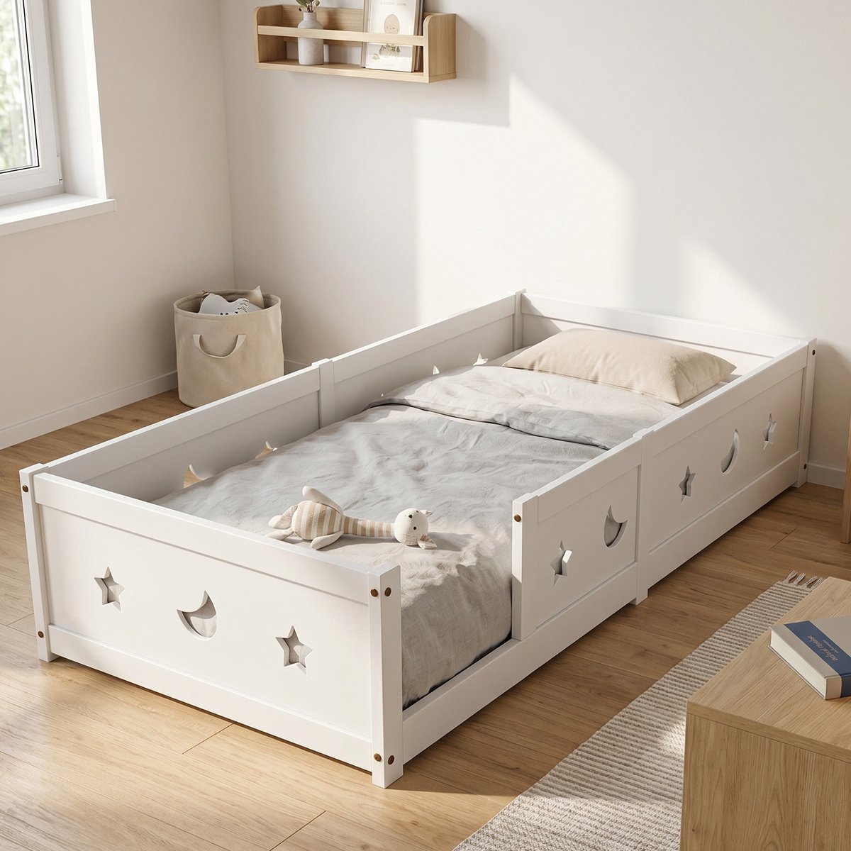 Mofor Kinderbed 90x200 cm - Montessori vloerbed met uitvalbeveiliging en lattenbodem - Eenpersoonsbed - Ster en maan ontwerp - Hout - Wit