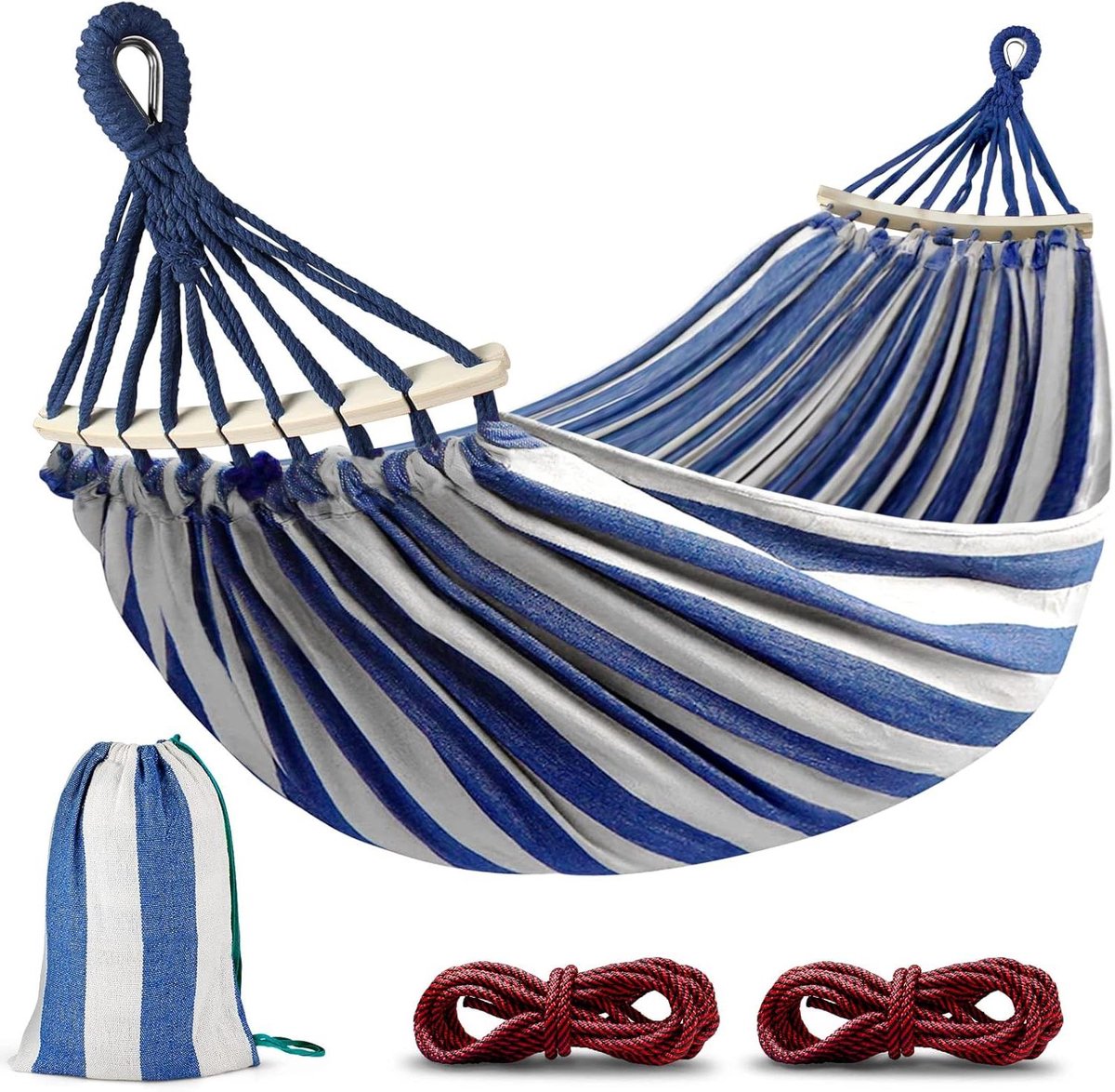 Outdoor Hangmat - Kampeerhangmat Dubbele Stang - Ontspannen Buiten - Robuuste Houten Stangen - 205x155 cm - Blauw