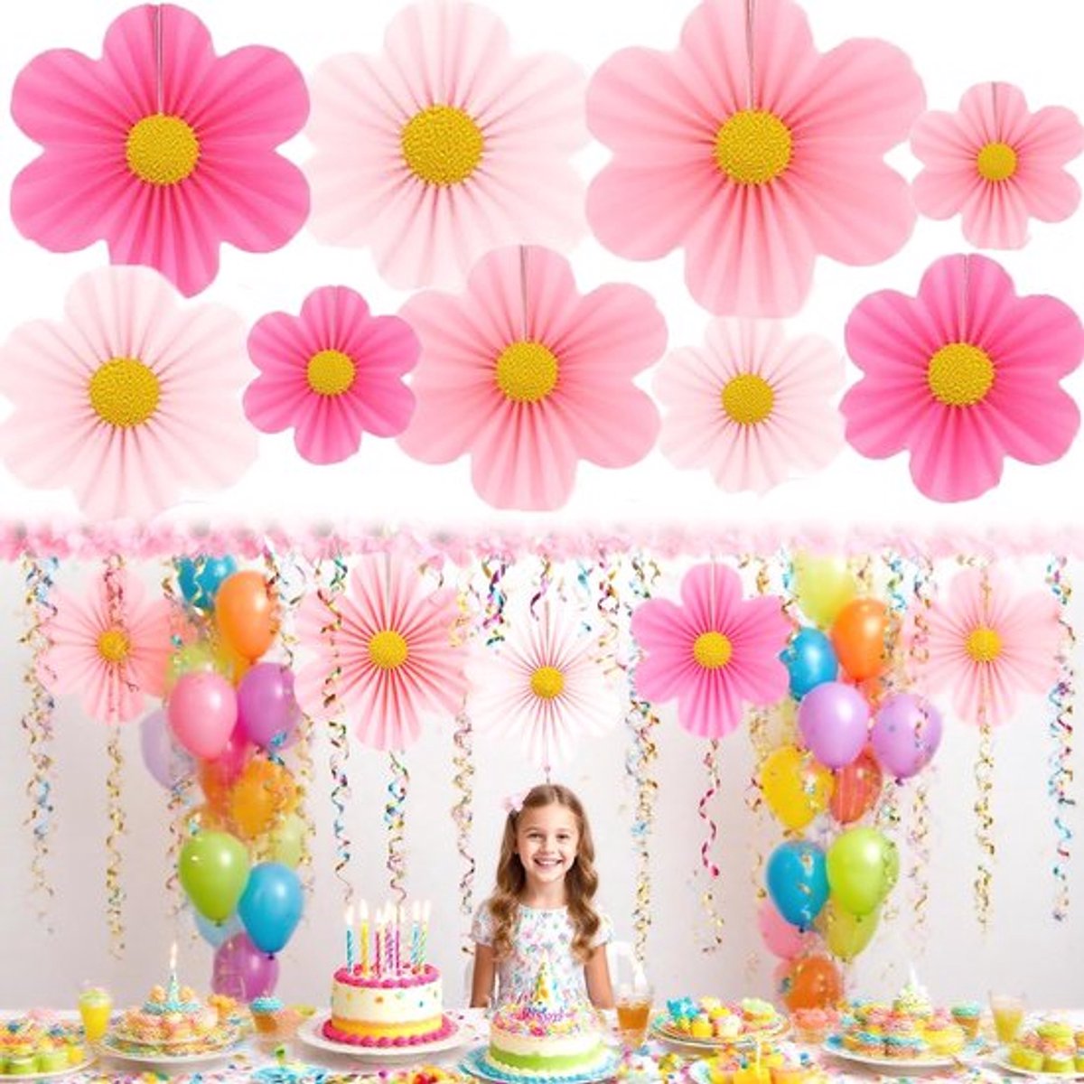 Bloemenwaaiers Set van 9 - Papieren Bloemen - Hangende 3D Decoratie - Feestdecoratie - Tafeldecoratie - Tuindecoratie