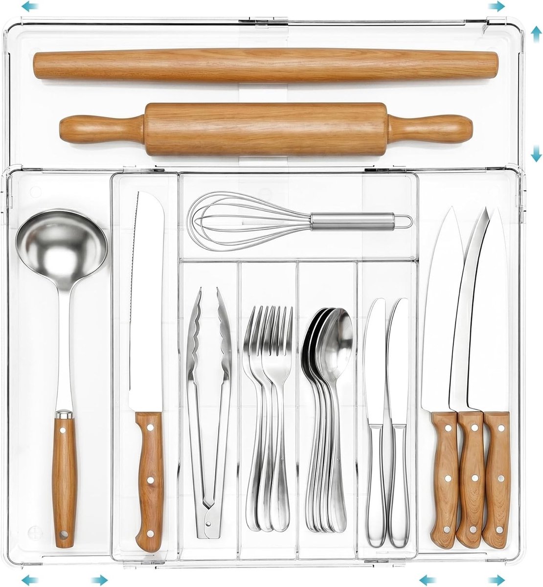 Bestekbak voor 114 delen - Transparant - 36,5 tot 46,4 cm - Uitschuifbare Keukenlade Organizer met 9 Vakjes - Voor Keukens
