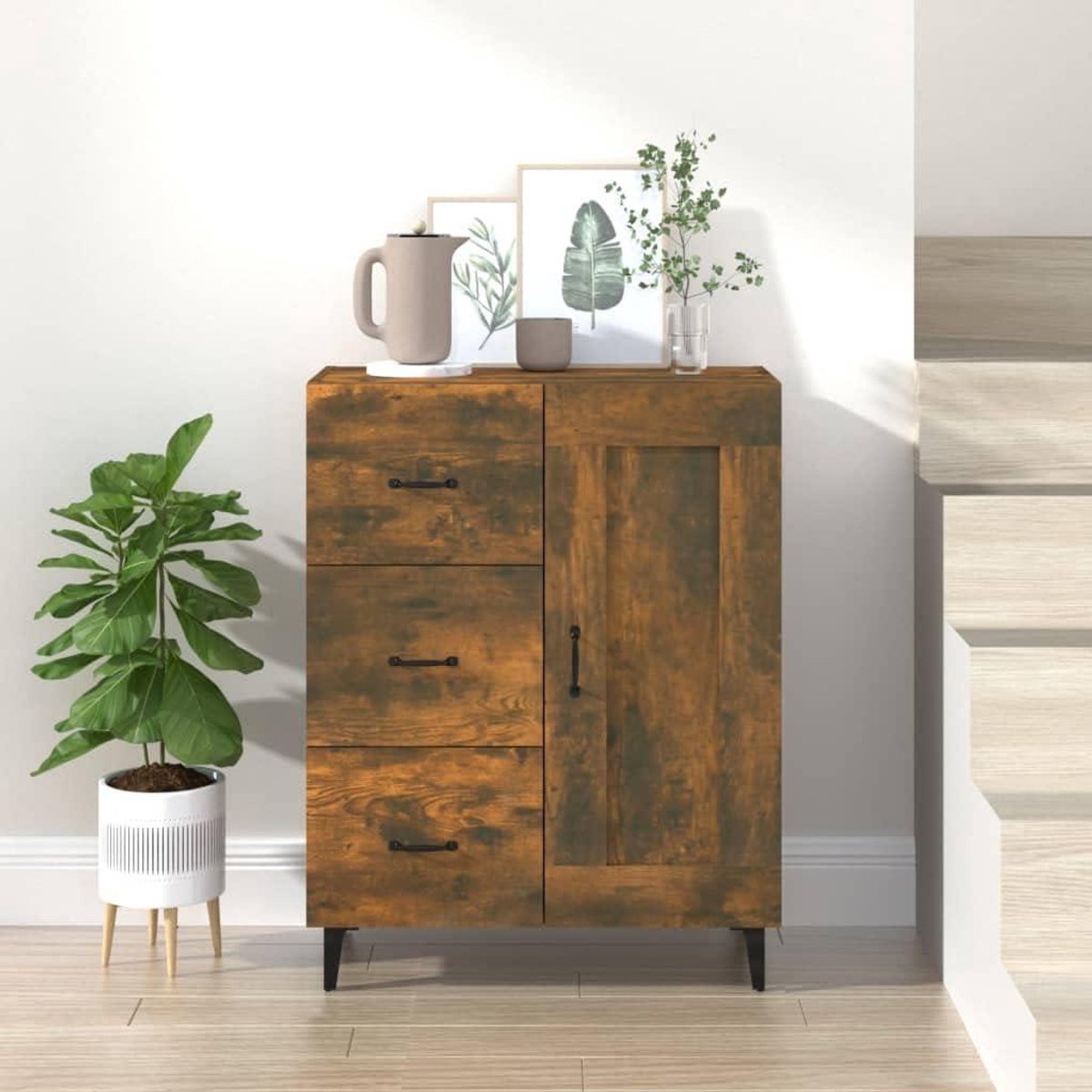Klassiek Dressoir - Opbergkast Hout - Woonkamer Inrichting - Robuust Materiaal - 695 x 34 x 90 cm - Gerookt Eiken