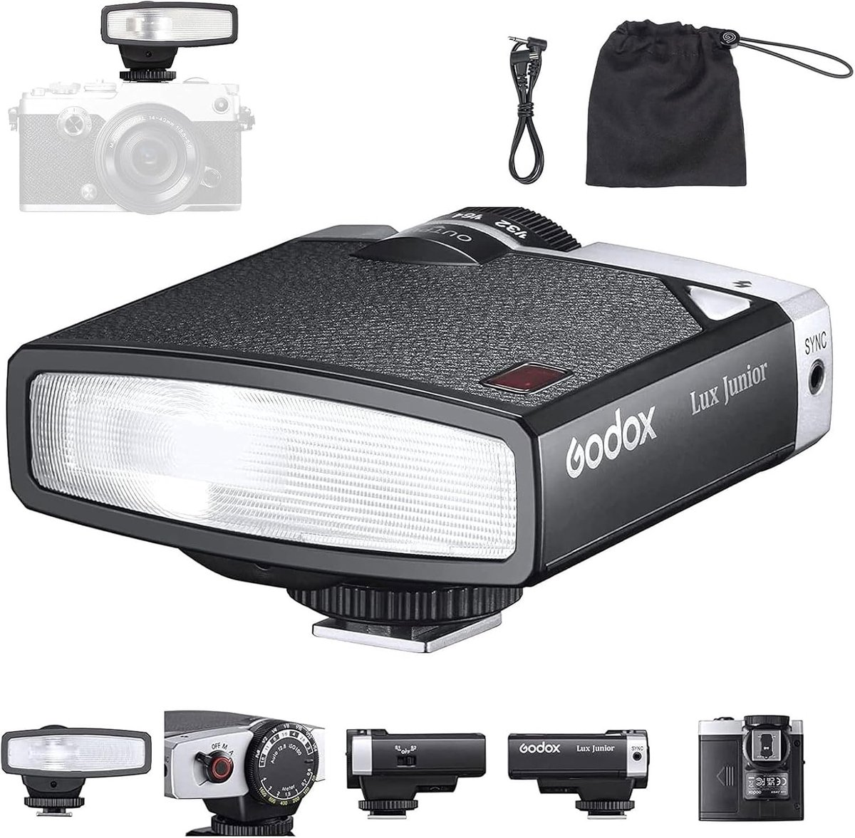Retro Camera Flitser met GN12, 6000K CCT, Automatische en Handmatige Modus, 28mm Brandpuntsafstand voor Canon, Nikon, Sony en Fuji Camera's
