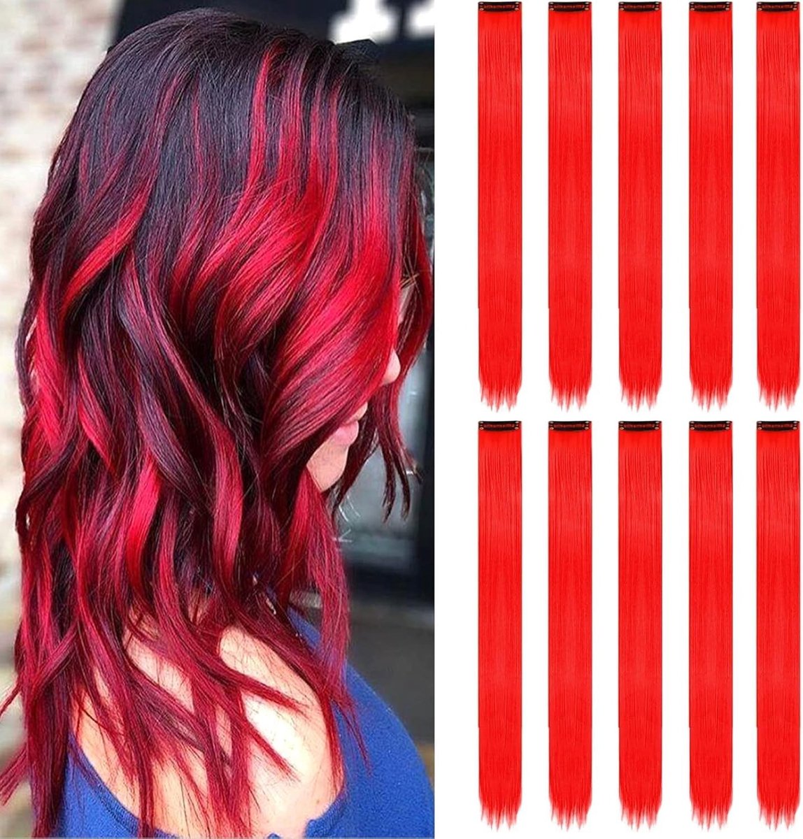 10 Clip-In Haarextensies voor Cosplay en Feestjes - Rood met Highlights, Kleurige Haarstrips en Haarclips
