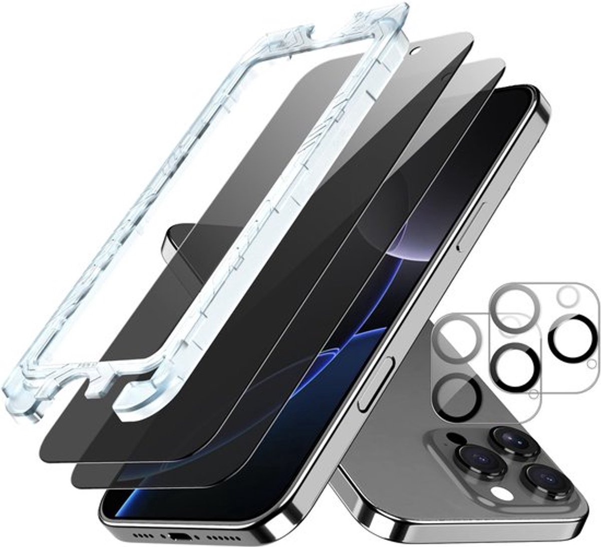 Privacyfolie 9H hardheid - Anti-spy - Camerabescherming - 2 stuks - Geschikt voor 16 Pro 2024 - Hoogwaardig gehard glas - Screenprotector