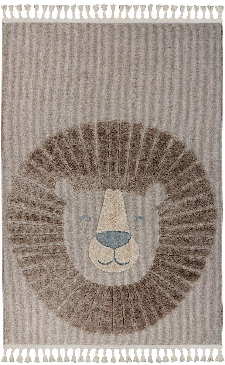 Padiro kindervloerkleed 120 x 170 cm - grijs - speels kindermotief - met leeuwenmotief - van polypropyleen frisee