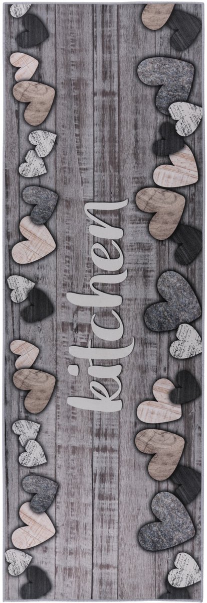 Padiro laagpolig vloerkleed 60 x 180 cm - grijs - grafisch tekstdesign - geschikt voor vloerverwarming - van polyester