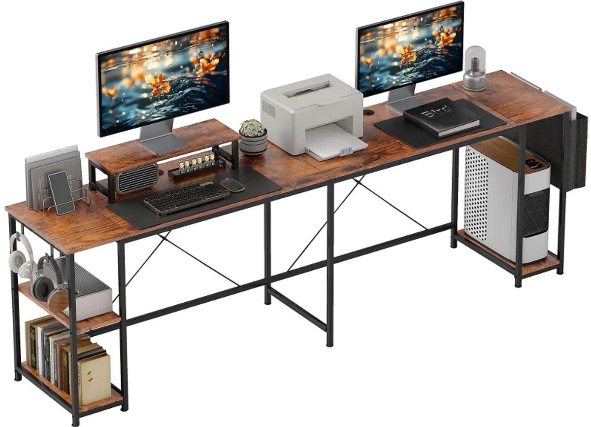 L-vormig Hoekbureau 168/240 cm – Omkeerbaar Computerbureau met Monitorstandaard, Opbergrekken, CPU-houder en Kabeldoorvoer – Bruin/Zwart