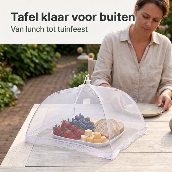 Cheqo® Vliegenkap - Voedselkap - Foodcover - Opvouwbaar en Uitklapbaar - Vliegennet - Insectennet - Eten Afdekken - Voedselafdekking - Etensbescherming tegen Insecten - voor Buiten - Picknick - BBQ - Barbecue en Tuin - Vliegenkapje - Wit van Cheqo — afbeelding 4