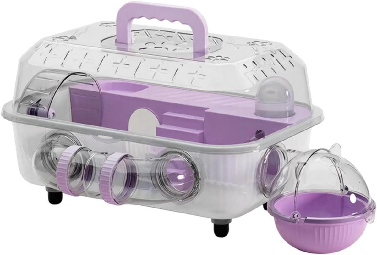 Hamsterkooi met Tunnel - Knaagdierverblijf Muizenkooi - Huisdierentertainment - Transparant 360 graden zicht - 37x26x13 cm - Paars