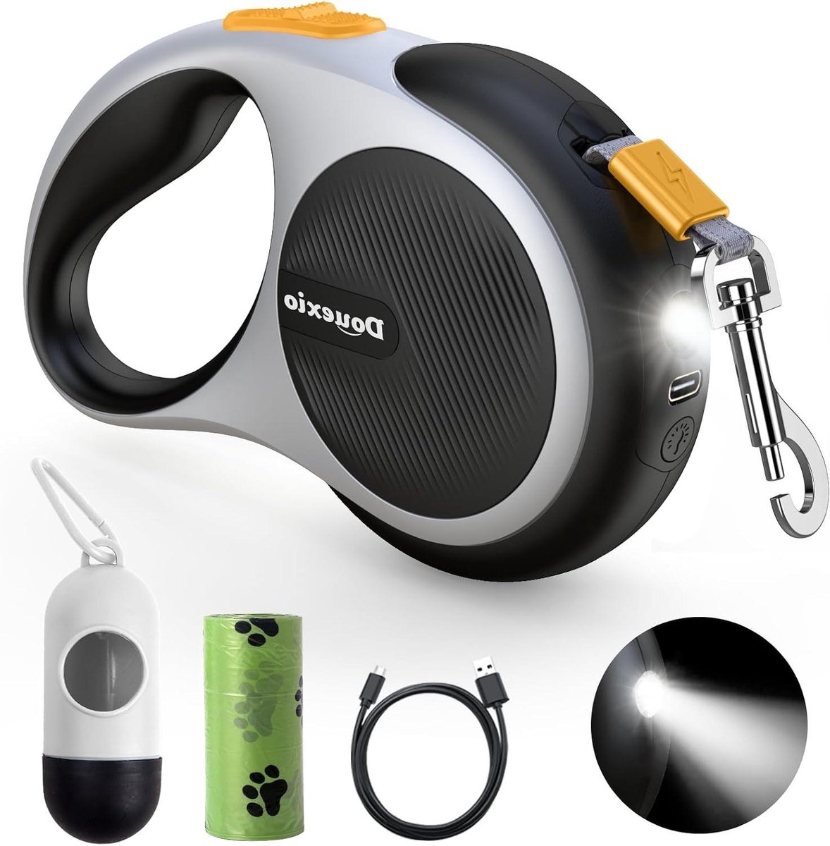 Hondenriem Intrekbaar - Hondenlijn Flexibel - Avondwandelingen Hond - Ingebouwde LED Lamp - 5 Meter - Zwart Wit