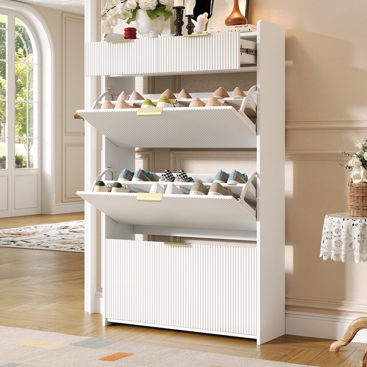 Pugsdrly Moderne, smalle schoenenkast met 3 klapvakken en 2 lades, schoenenrek voor de gang en hal, wit, 80 × 25 × 135 cm