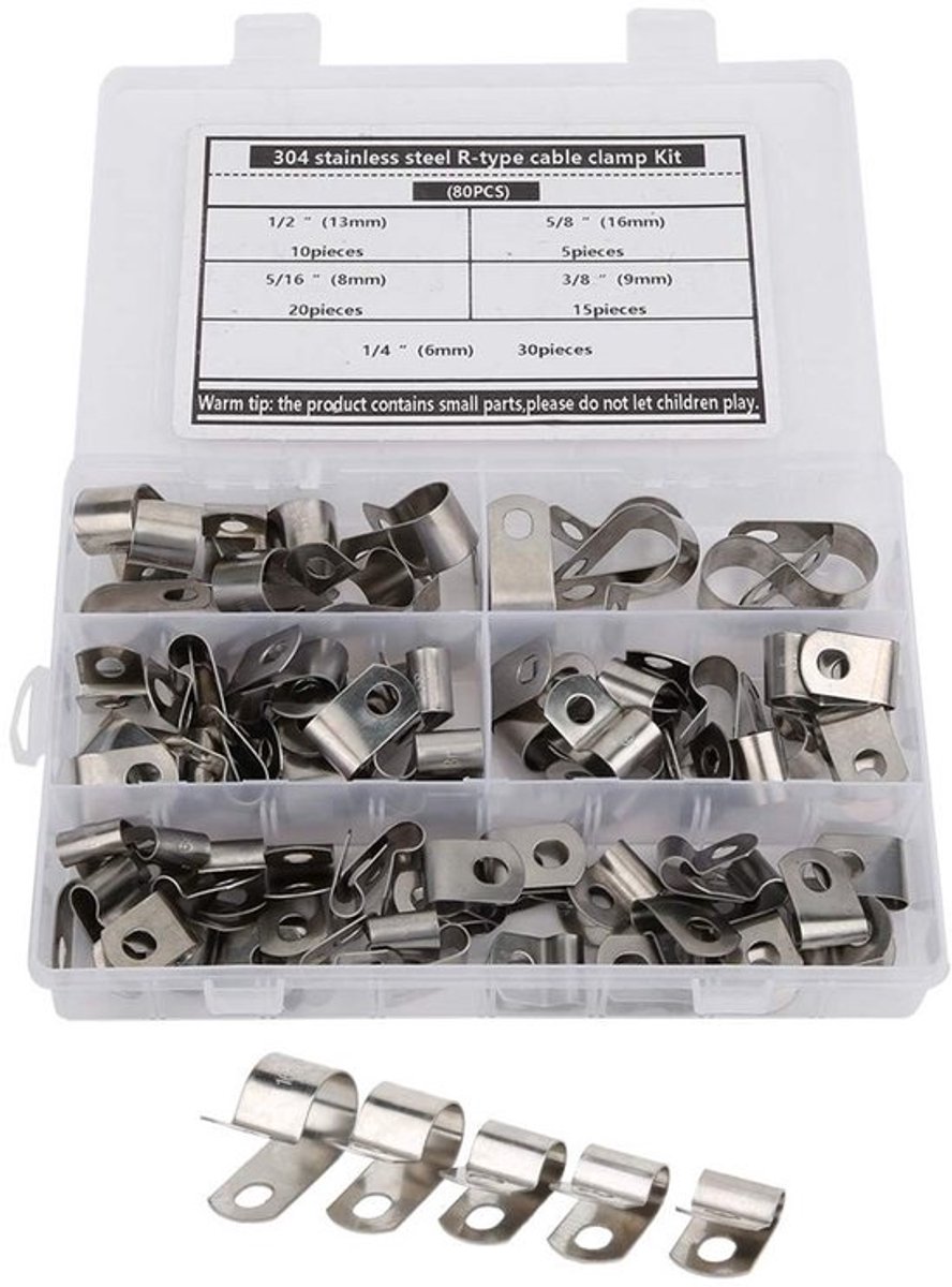 Kabelclips Roestvrij Staal 80 Stuks - R-Type Clip - Kabelklemset - Geschikt voor Draden/Pijpen - Diverse Maten - Voor Binnen/Buiten - Klemmen