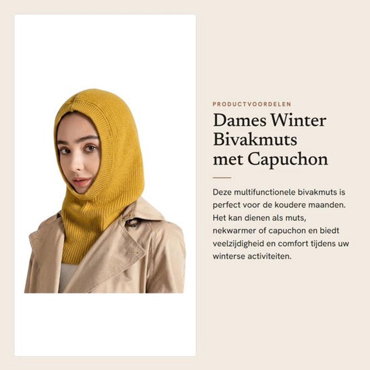 Bivakmuts Winddicht - Gebreide Muts/Nekwarmer - Eén Maat - Polyester - Ideaal voor Wintersport/Outdoor - Lengte 47 cm/Breedte 28 cm - Wintermuts