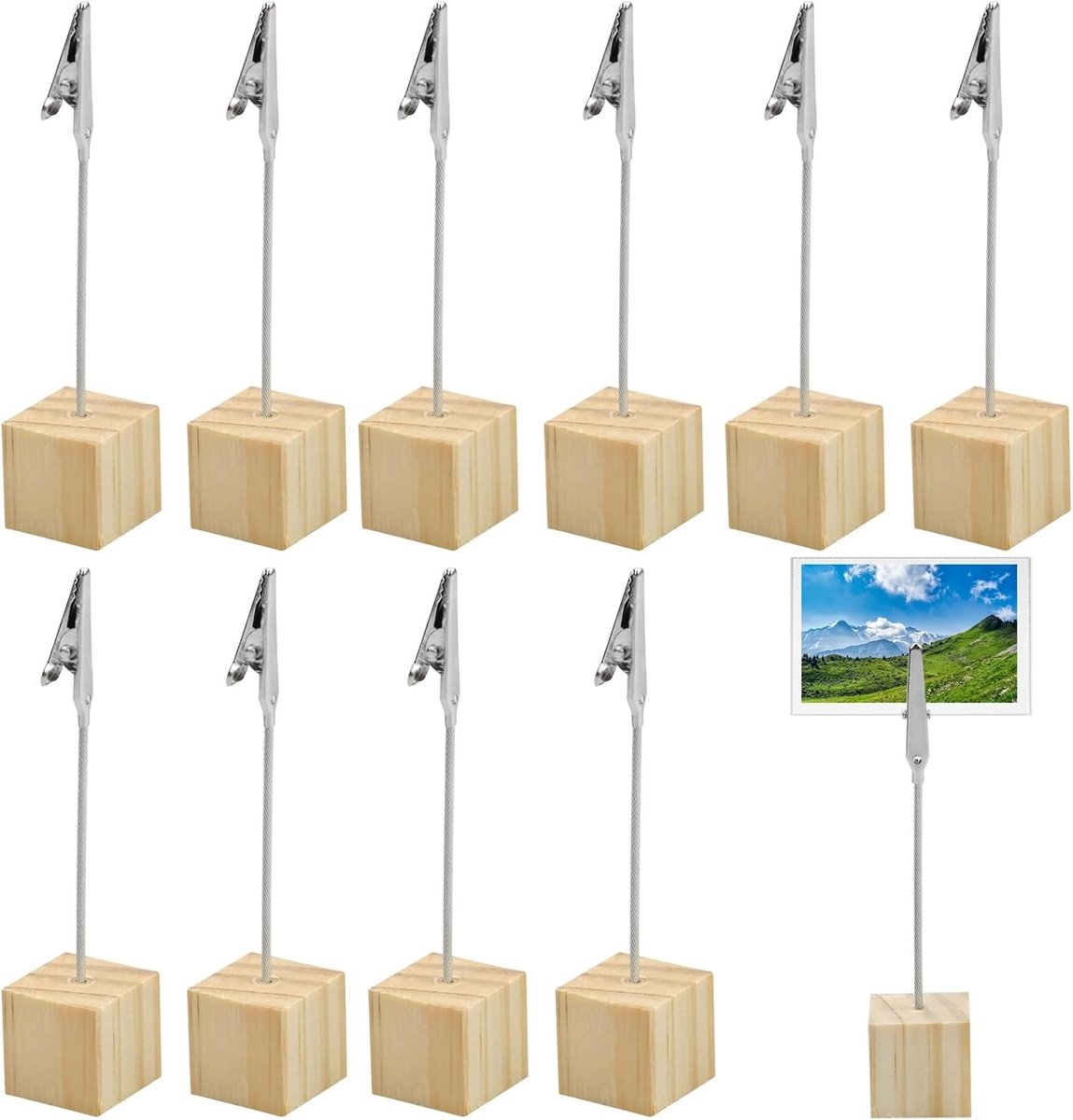 Fotohouders op Standaard - Hout - 10,5 x 2,5 cm - Metalen Klem met Kubusvormige Basis - Voor Decoratie van Kantoor en Feest
