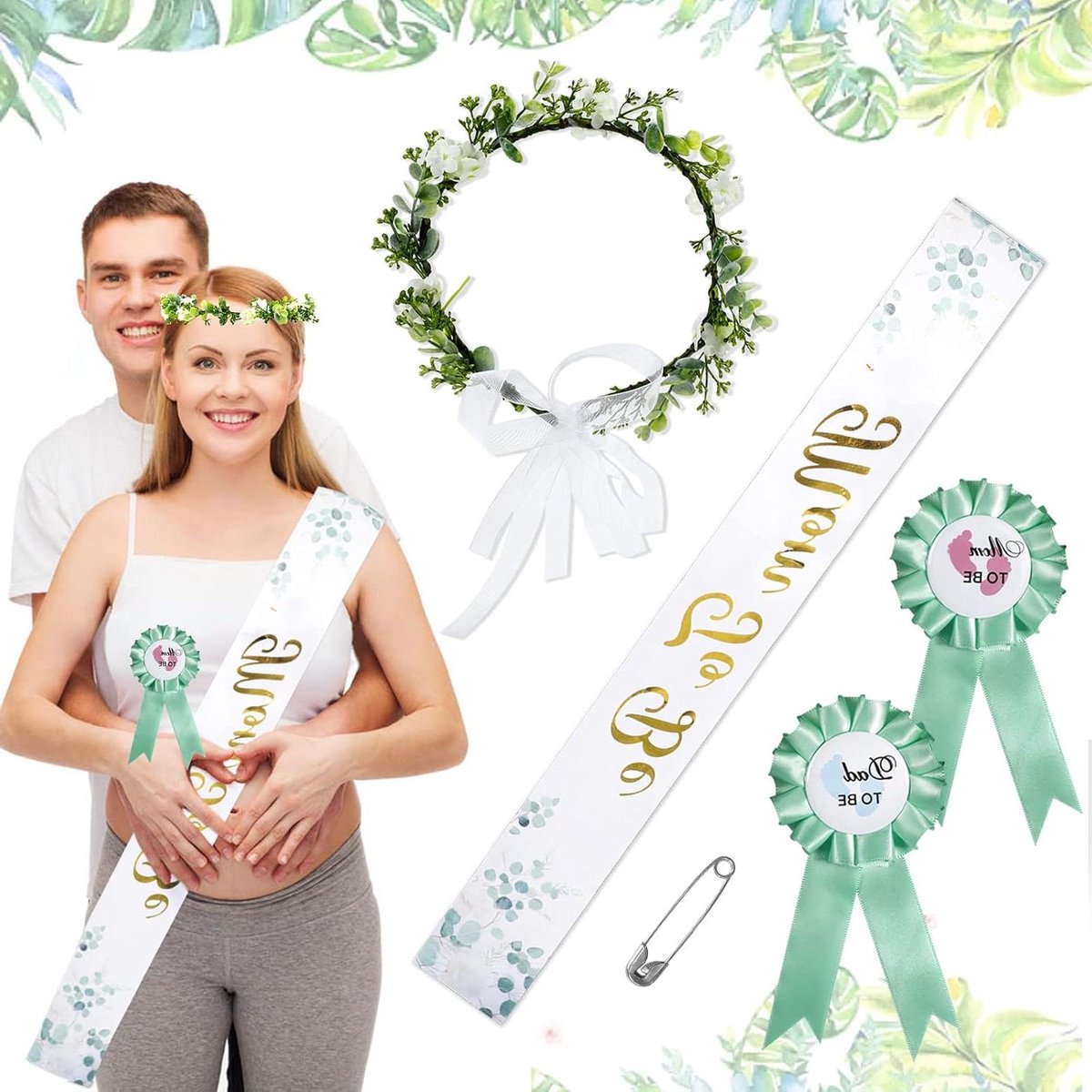 Mama en Papa Sjerp Set - Ouder Badges - Babydouche Vieren - Salie Groen Blad Stijl - 1 Set - Groen