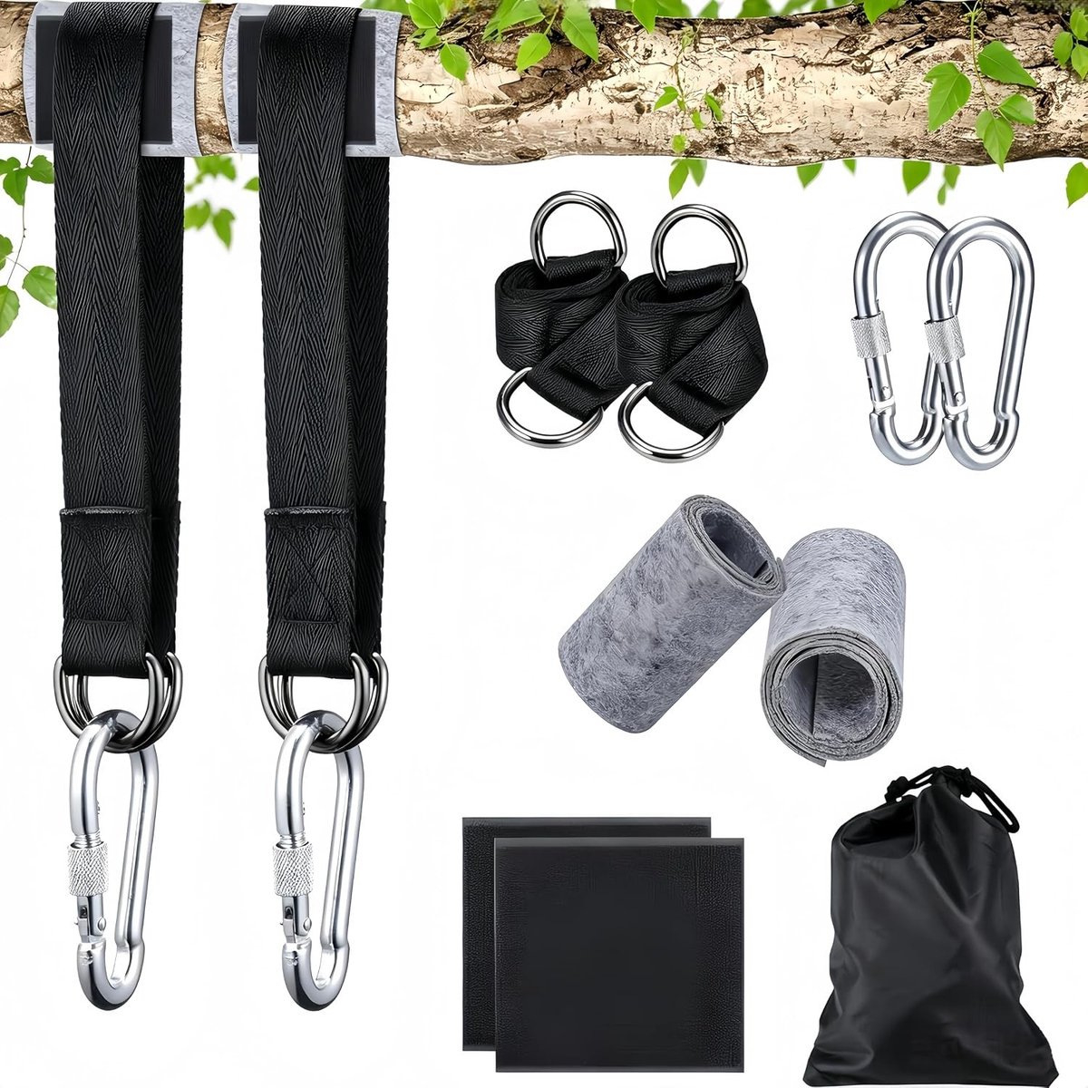 Swing Attachment Set voor Hangmatten, 2 Stuks, 40 cm met Boombescherming, Hangende Straps en Carabiners voor Buitengebruik