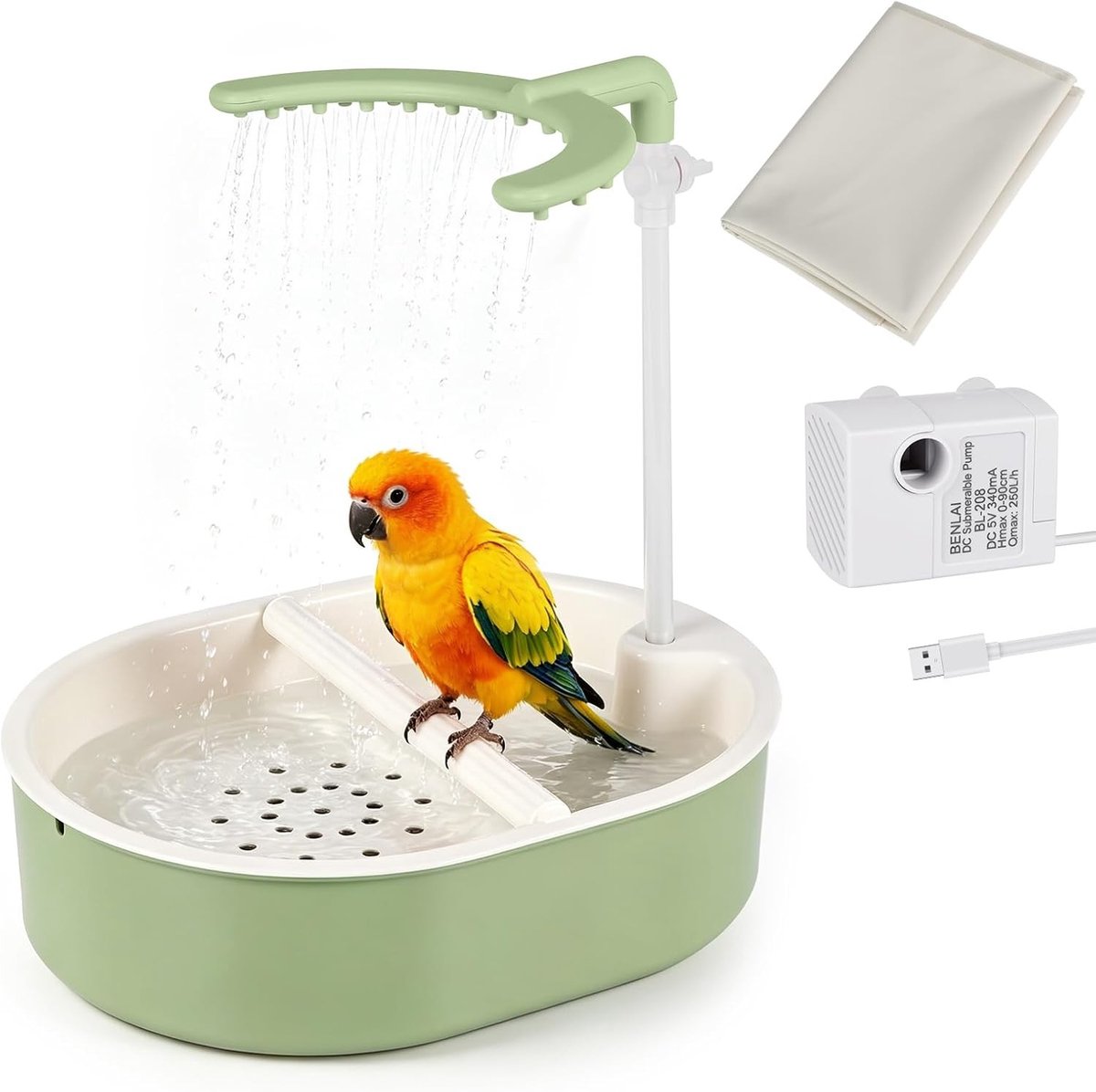 Automatisch vogelbad met vogeldouche en USB-pomp voor papegaaien en kleine vogels, groen en praktisch