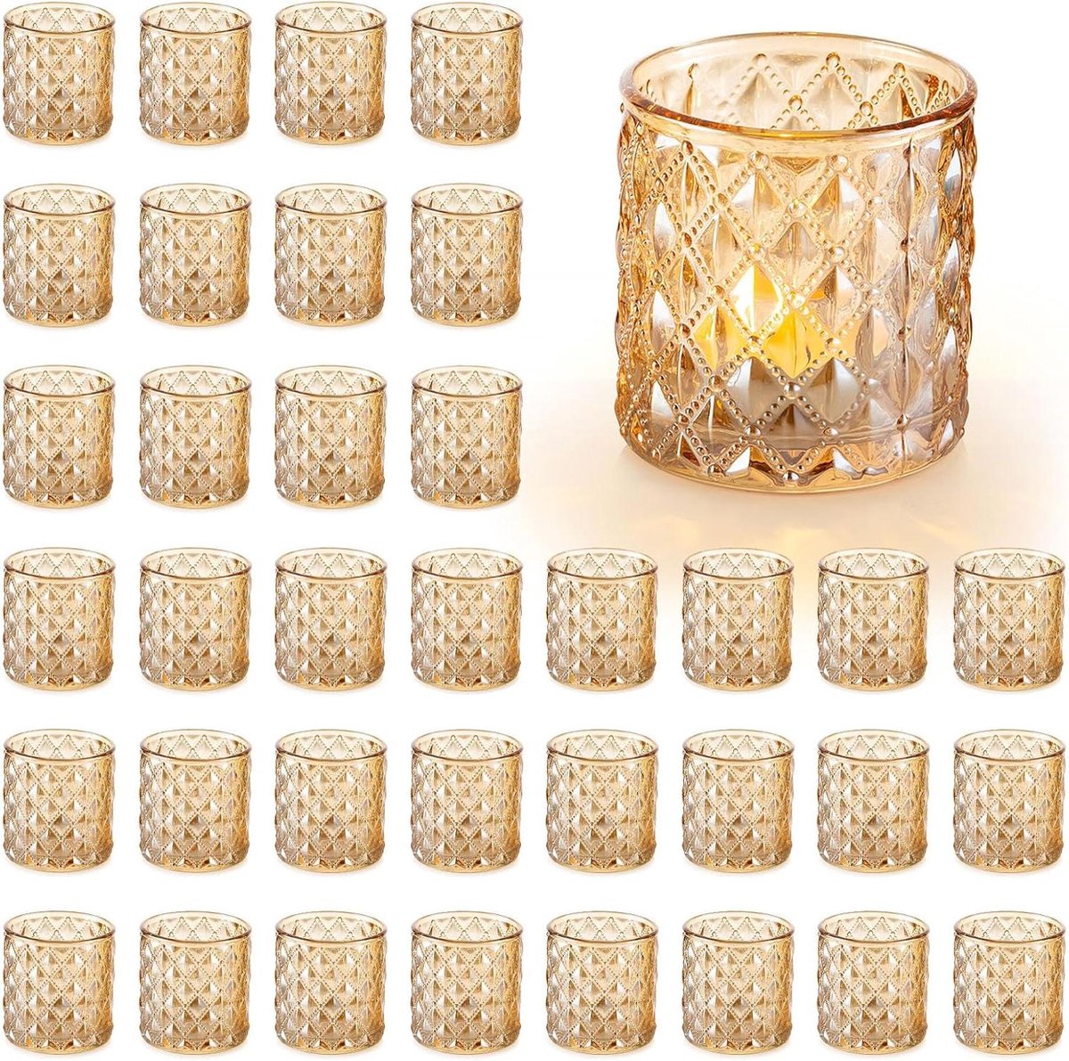 Gouden Votive Kandelaars - Theelichthouders Glas - Feestelijke Decoratie - Diamant Patroon - 36 stuks - Goud