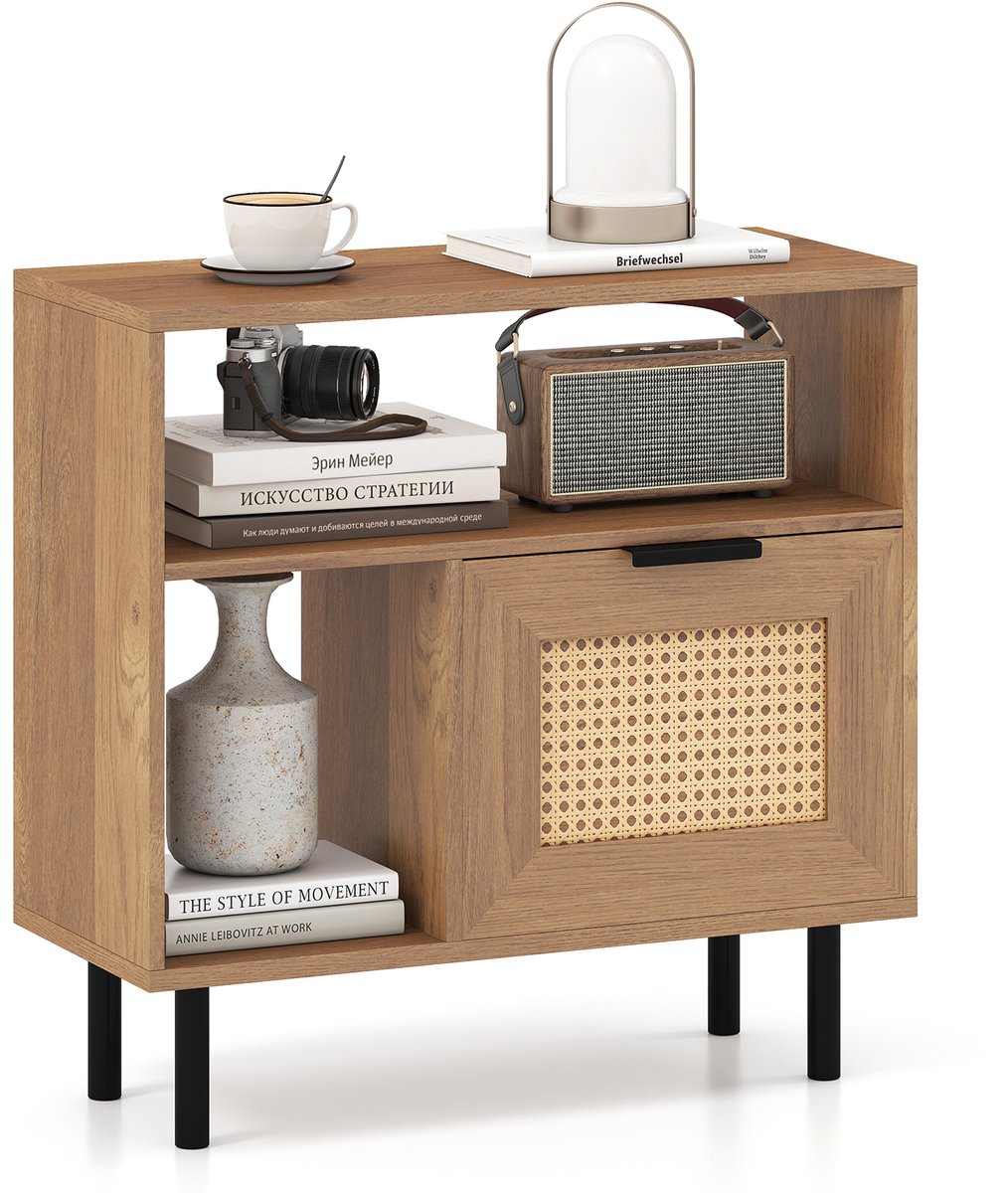 COSTWAY Bijzettafel Rotan, Sofatafel met Opbergvak, Kast en Metalen Poten, Nachtkastje in Boho-stijl voor Woonkamer, Slaapkamer, Gang, Entree