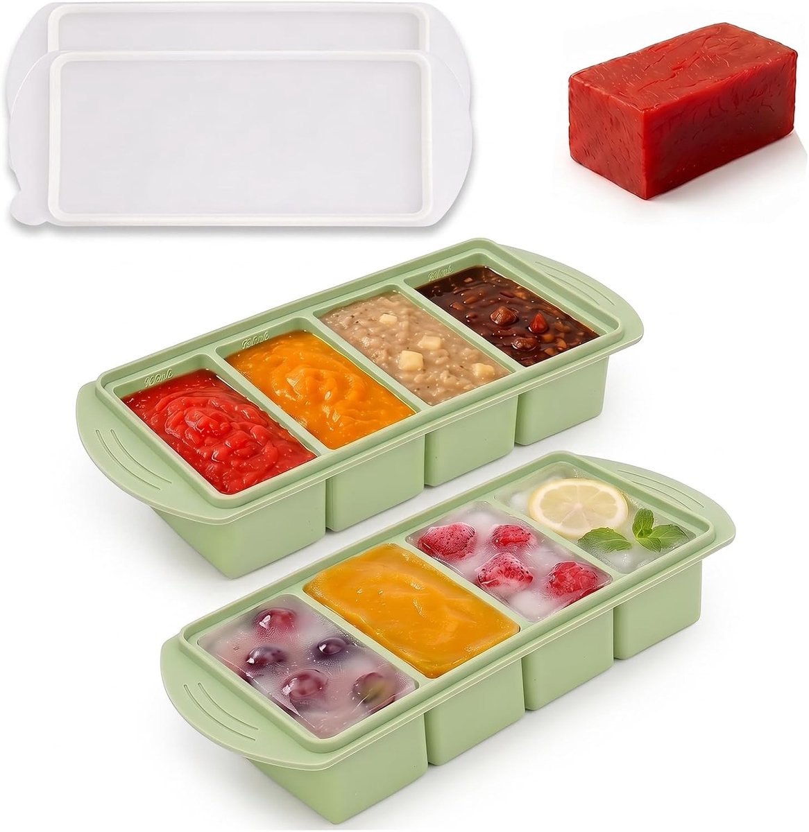 IJsblokjesmachine voor crushed ice - Mintgroen - 4-vaks siliconen vriesvorm met deksel - BPA-vrij - Voor soep, bouillon en meal prep