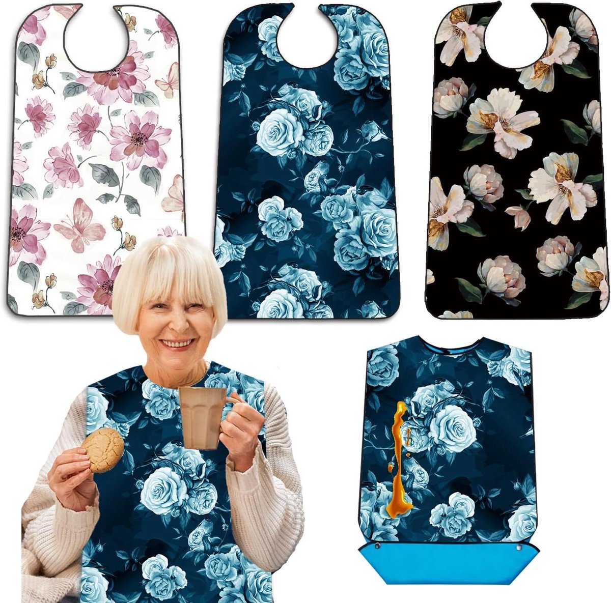 Slabbetjes voor volwassenen - Eetdoeken senioren - Bescherming kleding - Met kruimelvanger - 3 stuks - Bloemenpatroon