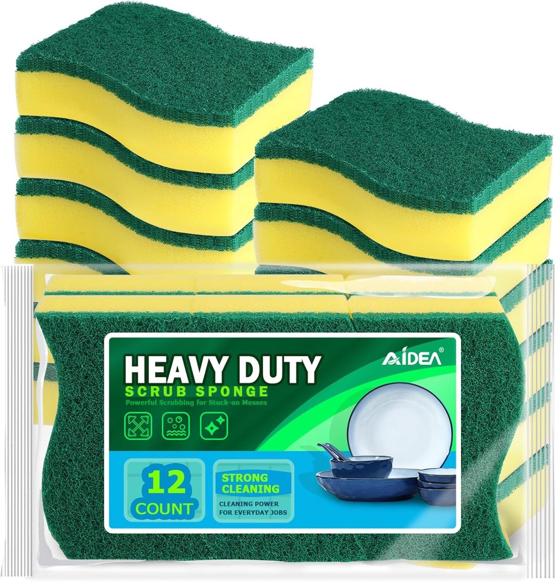 Zware Schrobsponges voor Afwassen - Set van 12, Geurvrije Dubbelzijdige Sponsen, Ideaal voor Pannen, Borden en Keukenreiniging