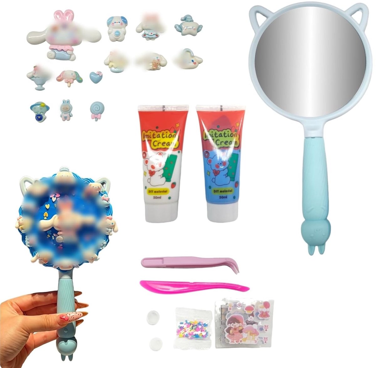 Kleijmset in crèmeblauw met spiegel, accessoires van hars, spuitmonden en stickers voor creatieve projecten