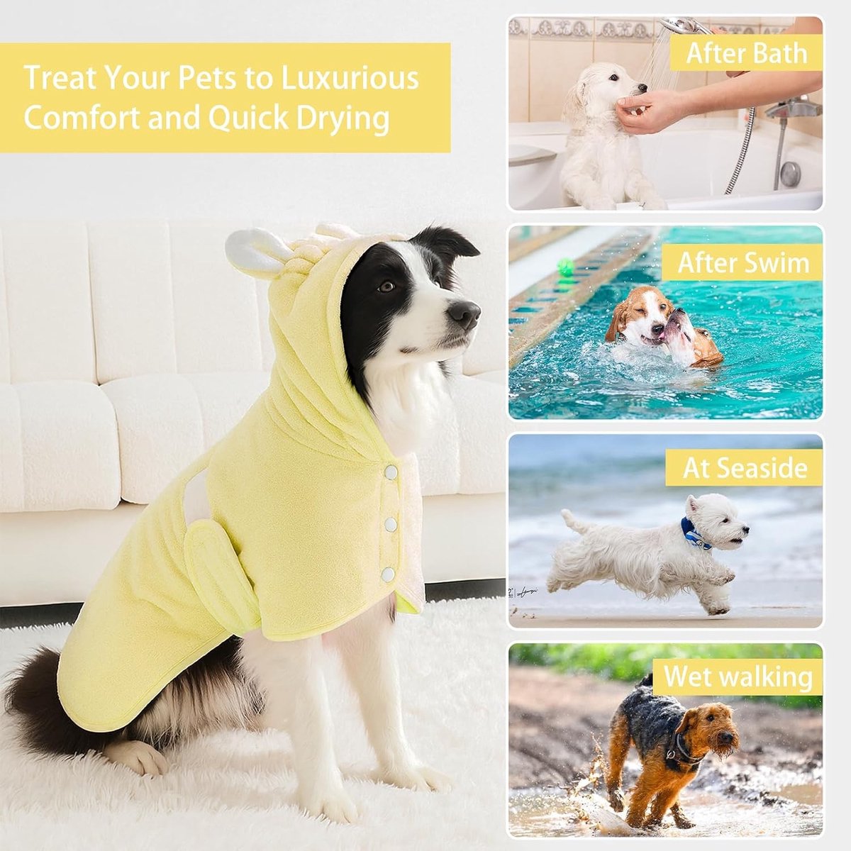 Schattige en Aanpasbare Microfiber Badjas voor Honden en Katten, Sneldrogend en Super Absorberend, Geschikt voor XS tot XL Dieren, Geel