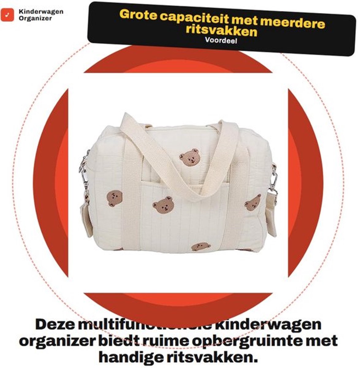Kinderwagen Organizer Grote Capaciteit - Katoenen Zak - Herbruikbaar - Multifunctioneel - Ritsvakken - Duurzaam - Kinderwagenzak